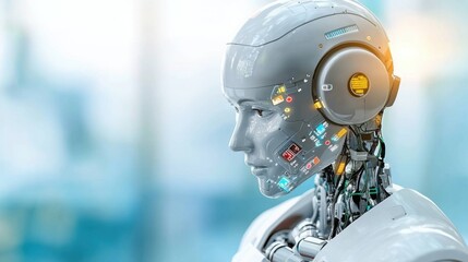 Fototapeta premium Futuristic isometric style digital depicting an advanced robot or cyborg with intricate machinery circuitry and innovative technology The image showcases a high tech