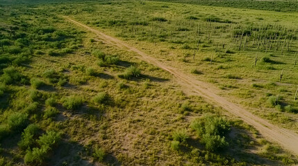 Aerial dirt road cuts through arid plain with green bushes and cactuses. Great for travel or nature themes, and landscape background