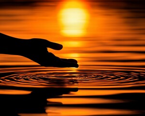 Silhouetted hand over rippling sunset water