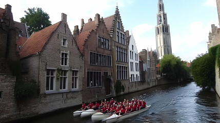 Boat tour in Bruges, Belgium. Tourists enjoying sights and architecture. Houses line the canal. Sightseeing and travel concept
