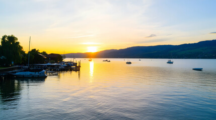 Boats moor at sunset on a lake. Calm waters reflect the sky. Ideal for travel brochures or promotional material for lakeside vacations