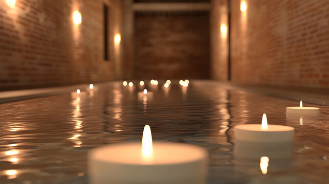 Candles floating in a bath. Relaxing ambiance with brick walls reflecting light. Stock photo for spa, meditation, or therapy promotions
