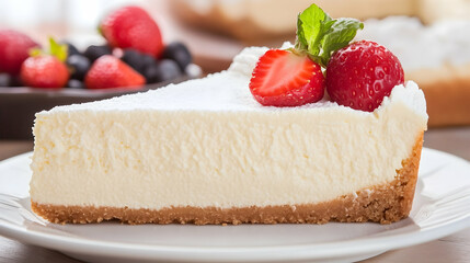 Cheesecake slice on plate. Bright backdrop. Use for dessert menus and baking blogs