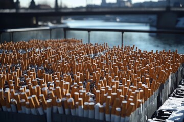 Fototapeta premium Cigarette Butts Littered Along Riverside in Urban Environment