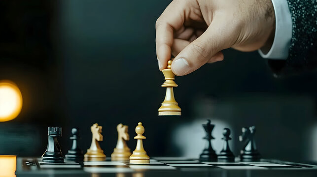 Chess player moves a white queen in a strategy game in a dark environment, symbolizing business strategy or a competitive edge