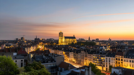 Fototapeta premium Cityscape view Cathedral dominates skyline, buildings light up at dusk. Travel background image, urban development, & tourist attraction