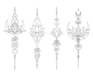 Set of Mystic Lotus Sacred Geometry Unalome Boho Tattoo Design Collection. Vector isolated buddhist line hand drawn symbol