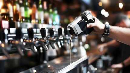 Naklejka premium Close up of a man pouring a beer at the bar with people socializing in the background, perfect for food industry concepts