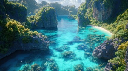 Obraz premium Tropical lagoon aerial view, vibrant coral reef, secluded beach, sunny day, travel brochure