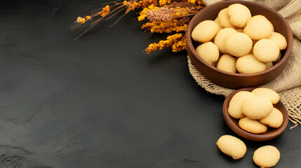 Cookies in bowls with fall floral on a dark backdrop for recipes, fall holiday greetings, or promotional use
