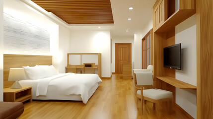 Cozy bedroom interior with wooden furniture and hardwood floor, bright lighting. Hotel or home interior, rental, apartment, or real estate marketing