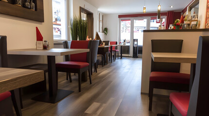 Cozy restaurant interior, empty seats, warm ambiance. Interior design use. Background with blurred windows and street view