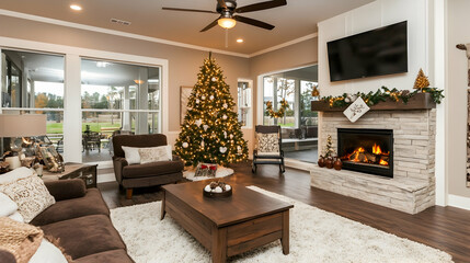 Cozy living room with Christmas tree next to fireplace. Perfect family holiday scene