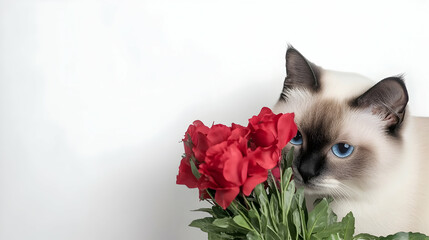Curious kitten sniffs red roses on white. For Valentine's Day cards, gifts, wallpapers, advertising, and backgrounds