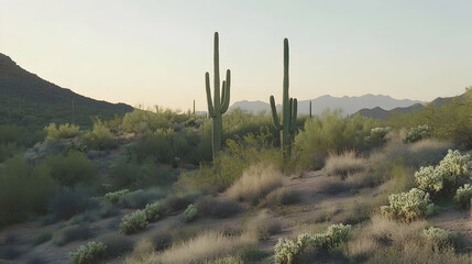 Obraz premium Desert landscape Cacti stand tall in the arid terrain, hills in the distance, at sunset, ideal for travel or environmental themes