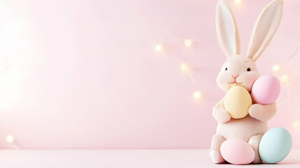 Obraz premium Easter bunny holding colored eggs against a pink background with fairy lights. Festive decoration for cards, and social media posts