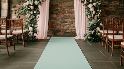 Wedding Runner Draped and Altar, A beautifully decorated wedding aisle featuring a mint green runner, floral arrangements, and elegant chairs set against a rustic stone wall.
