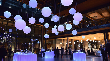 Evening event at a hall with spherical lights, tables, and a group of people socializing, ideal for corporate gatherings and celebrations