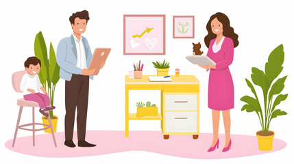 Family working from home, in a pink room, using a laptop, with plants and decoration on the walls for an article about remote work