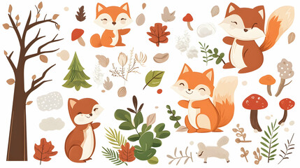 Forest animals & plants. Foxes with autumn leaves & mushrooms, set for children's illustration, background, & graphic design project