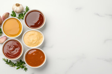Flat lay food arrangement. Various sauces in bowls with herbs and garlic on marble surface