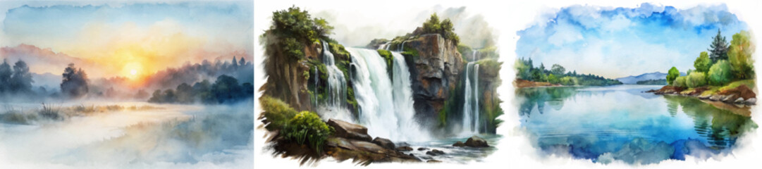 Fototapeta premium Serene landscape watercolor, tranquil sunrise scene, cascading waterfall view, peaceful lake reflection, nature's beauty captured.