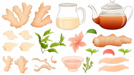 Ginger & tea set for health. Brewing in clear teapot. Healthy drink for flu. Ingredient for meals, home remedies. Stock image