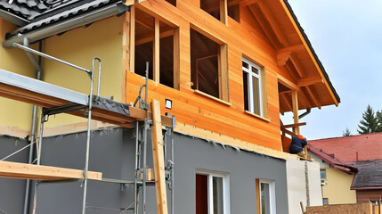 Home Construction New house being built, scaffolding, exterior wood installation. Use in real estate, architecture, and construction