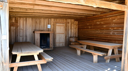 Interior of a wooden hut with table benches, wood and logs background. Possible use travel, construction, recreation