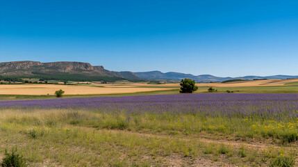Obraz premium Lavender blooms in summer under sunny skies in rural landscape. Scenic beauty, ideal for travel, nature, and agricultural themes