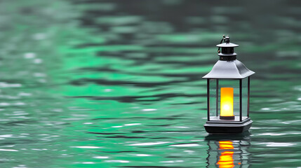 Naklejka premium Lantern floating in water. Relaxation background with soft light reflecting on rippling water. Serene theme