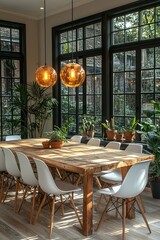 Sunlit Dining Room With Wooden Table And White Chairs