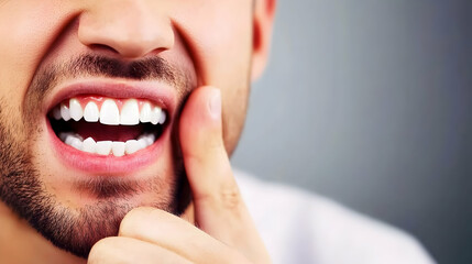 Man holding cheek with a painful toothache against blurred background for health campaign or dental awareness education