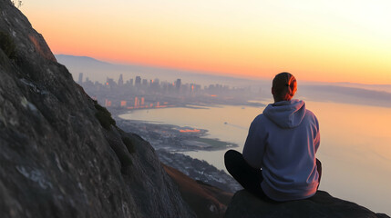 Man meditates on mountain peak at sunrise, facing cityscape, for wellness campaign or mental health promotion
