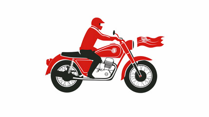 Fototapeta premium Motorcyclist speeds by on a red bike, trailing a flag. Represents freedom, adventure, and fast transport. Great for travel blogs, posters