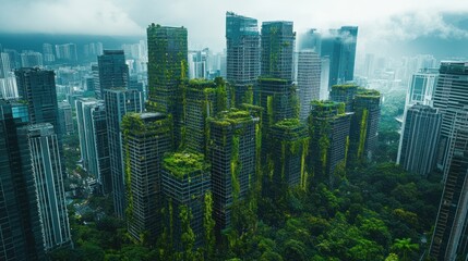 Obraz premium Overgrown skyscrapers, urban jungle, aerial view, city reclamation, environmental concept