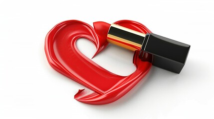 Heart-shaped design made of red lipstick, isolated on a white background, representing the concept of love. Close-up shot with ultra-realistic rendering in 4K resolution
