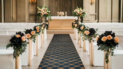 Wedding Runner Draped and Altar, A beautifully decorated wedding aisle featuring floral arrangements, elegant chairs, and a softly lit altar, creating a romantic atmosphere.