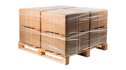 Stacked cardboard boxes wrapped on a wooden pallet demonstrating efficient packaging and logistics solutions for businesses