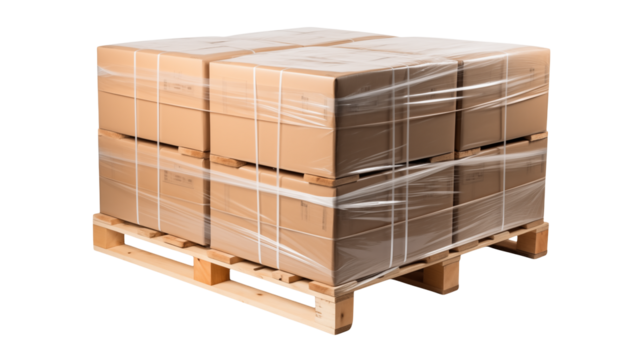 Stacked cardboard boxes wrapped on a wooden pallet demonstrating efficient packaging and logistics solutions for businesses