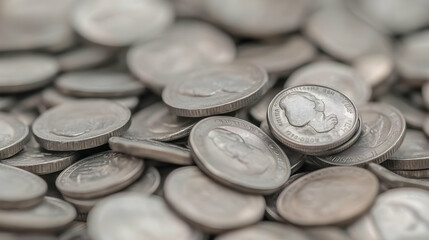 Pile of shiny coins illustrating wealth, savings, investment, or finance, close-up shot in neutral tones for finance blog, business