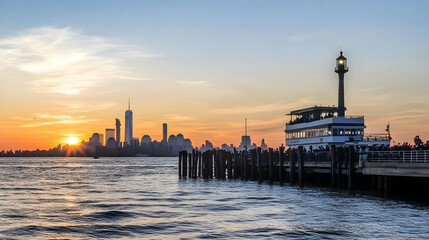 Fototapeta premium Pier cityscape, sunset view of New York City skyline from the water. Travel, tourism, and urban development material