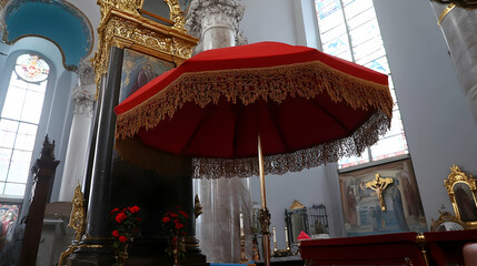 Red canopy with intricate design inside a church. Religious artwork and architectural columns are visible. Use as religious stock photo