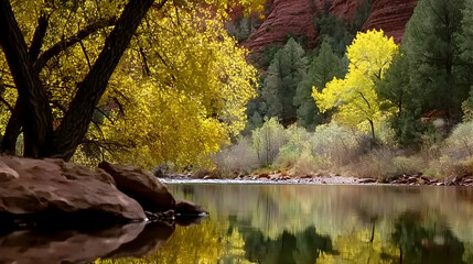 Obraz premium River reflecting colorful autumn foliage in a scenic canyon used for nature themes and travel inspiration
