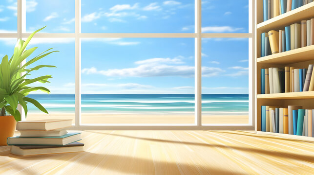 Relaxing beach view seen from a room with books & plant. A serene coastal vista, ideal for backgrounds, promoting rest & calmness