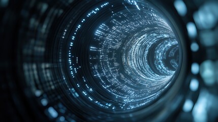 Close up of camera lens with futuristic quantum cryptography system in background