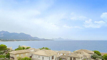 Seaside village view. Houses face the sea near mountains. Summer destination for travel photos, postcards, and promotional materials