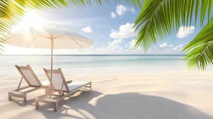 Obraz premium Seaside relaxation two beach chairs under an umbrella near ocean, for tourism marketing, summer vacations, and idyllic landscapes