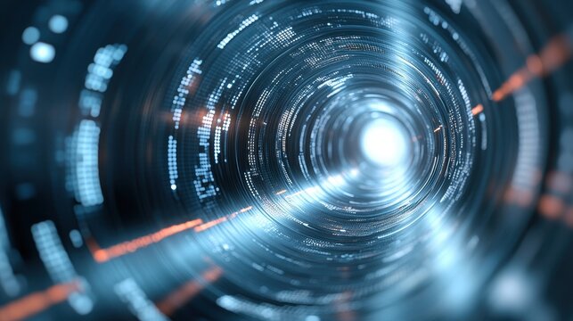 Close up of circular tunnel and futuristic quantum cryptography system technology concept