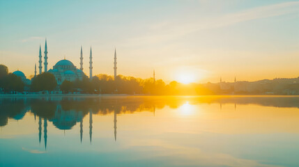 Naklejka premium Serene Istanbul Mosque reflects in water during sunrise. Trees line the background. Suitable for travel, landscape, or religious themes
